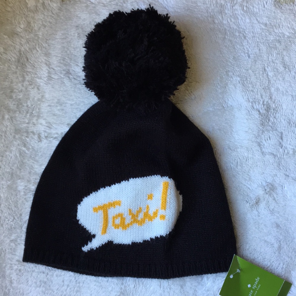 🚖Kate Spade Taxi! Speech Bubble 🚖 Beanie NWT black + black pompom - Picture 2 of 16